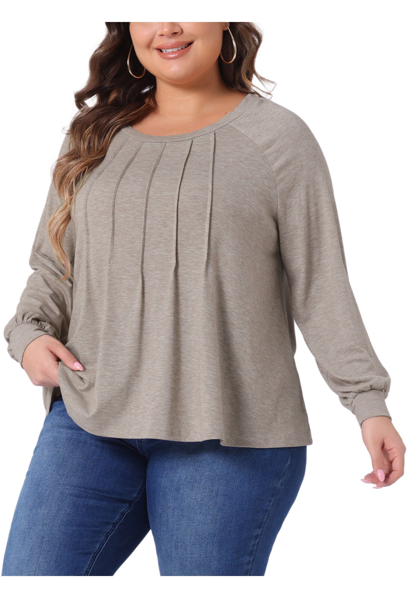 Crew Neck Pleated Long Sleeve Tunic Blouse, Light Khaki / Warm Grey, alternate image number 1