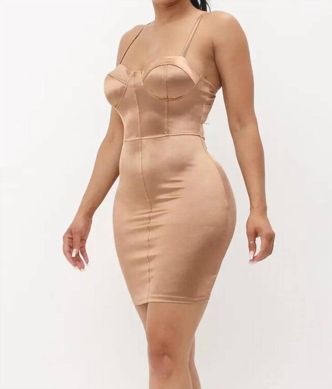 CORSET STYLE BRA PAD BACK ZIPPER BODYCON DRESS IN TAN, Tan / Brown, alternate image number null