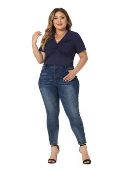 Twist Front V Neck Ribbed Short Sleeve T-Shirt Top
