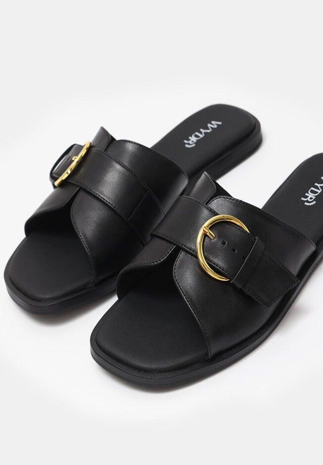 Marbella Buckle Flat Slides, Black / Black, alternate image number 3