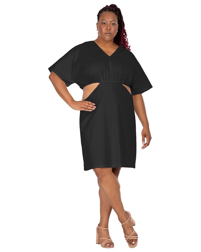 Harmony Women's Plus Size Kimono Sleeves Cut Out Waist Split Side Mini Dress, Black / Black, alternate image number 2