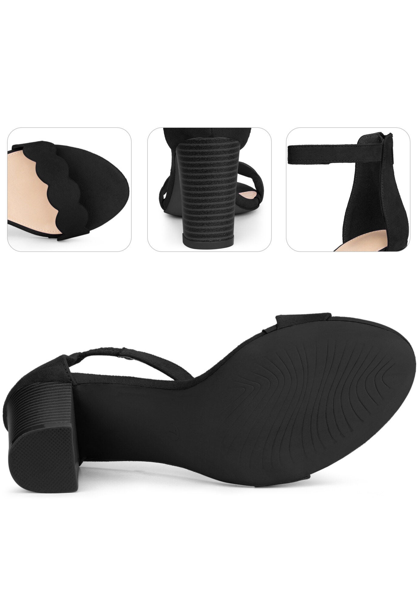 Scalloped Heel Ankle Strap Chunky Heels Sandals, Black / Black, alternate image number 3