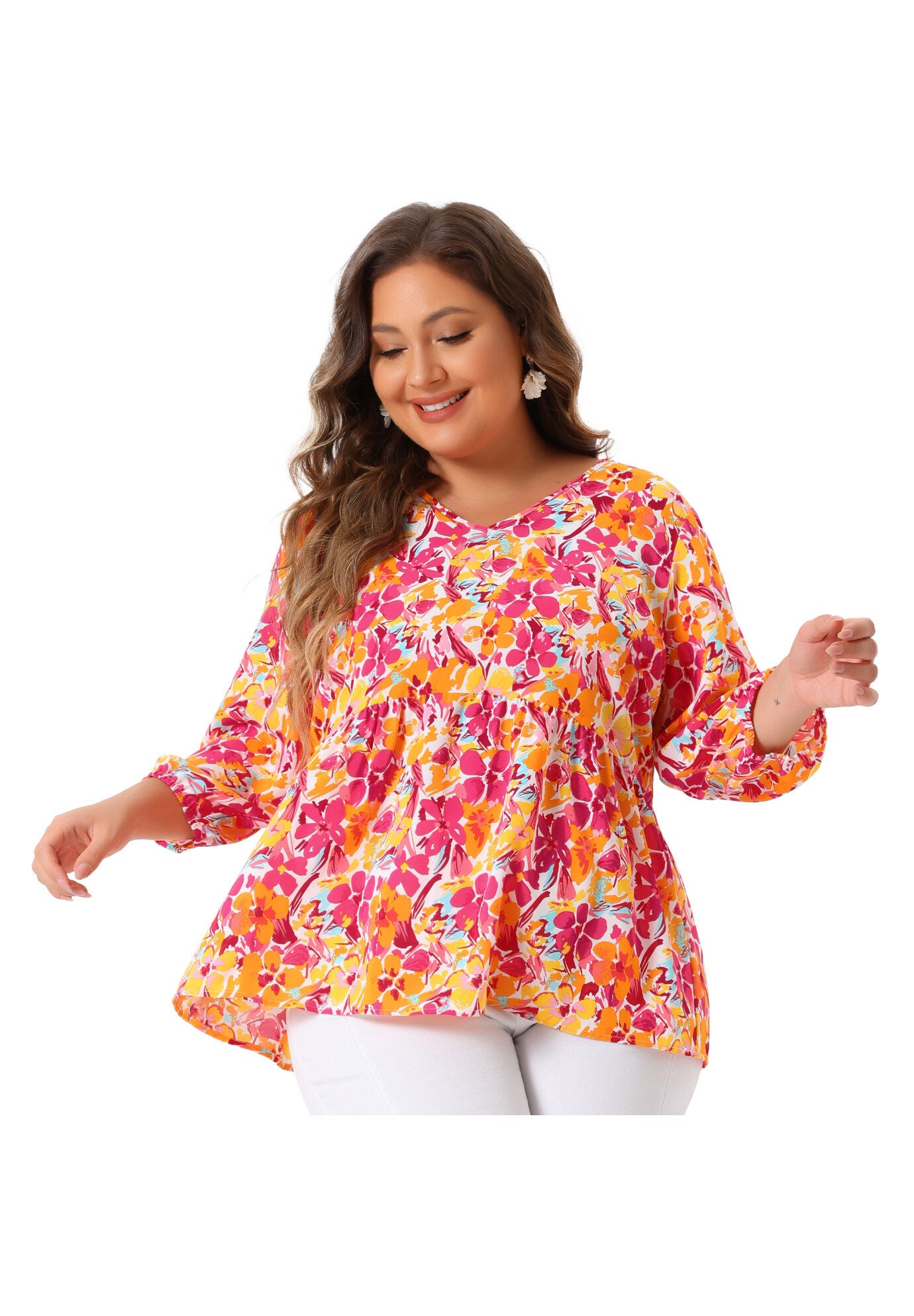 V Neck Babydoll Flowy 3/4 Lantern Sleeve Floral Blouse, Orange Pink / Pink, alternate image number 2