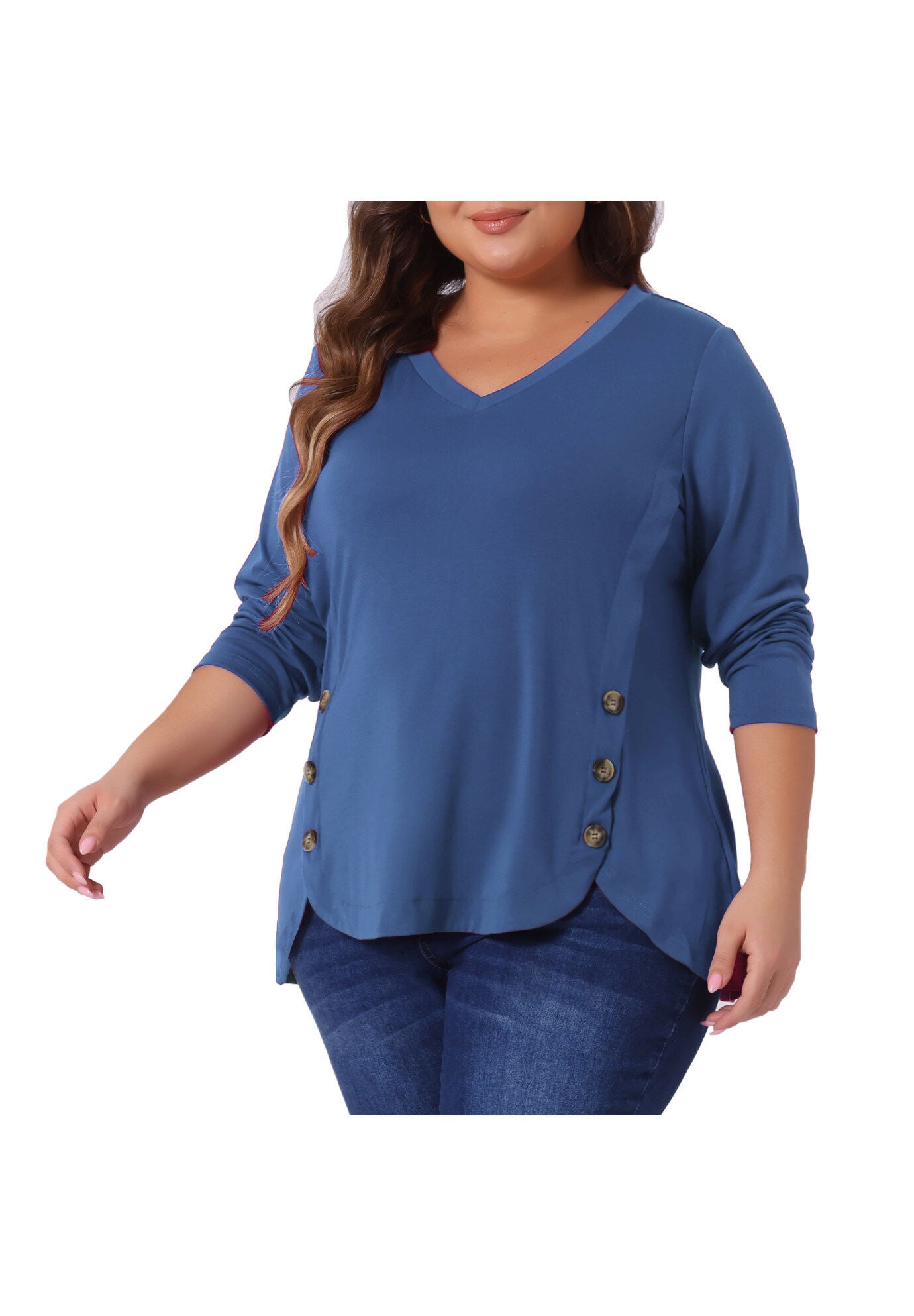 LONG SLEEVE TUNIC TOP V NECK LOOSE T SHIRT, Blue / Cornflower Blue, alternate image number 2