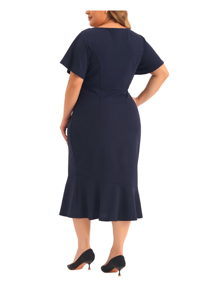 V Neck Ruffled Short Sleeve Cocktail Wrap Dress, Navy Blue / Navy, alternate image number 3
