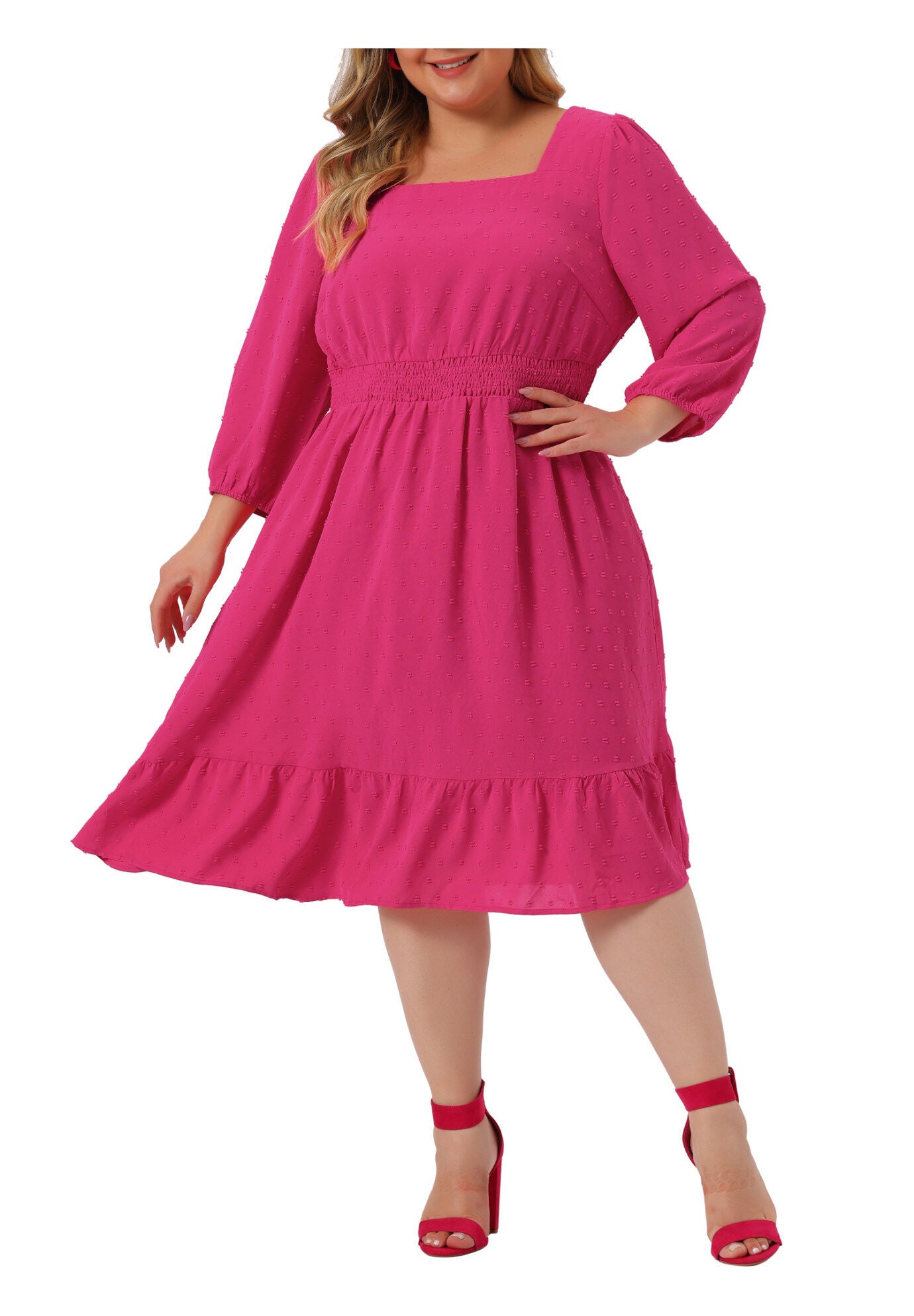 Swiss Dots Bohemian Square Neck Midi Chiffon Dress, Hot Pink / Deep Fuchsia, alternate image number 2