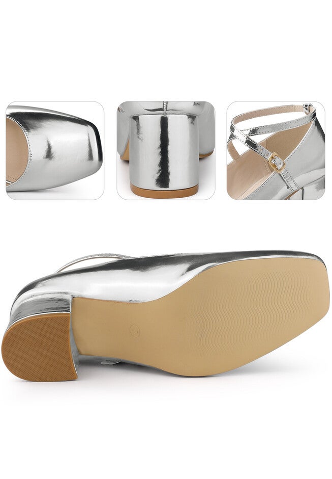 Mary Jane Square Toe Heels Pumps, Silver / Silver, alternate image number 1
