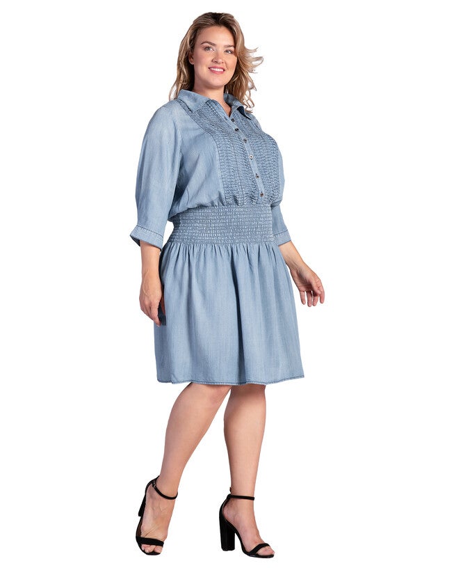 Women's Plus Size Tencel Smocked Waist Midi Shirt Dress, Blush Indigo / Light Blue, alternate image number 3