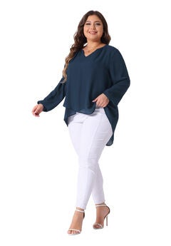 Long Sleeve Notch V Neck High Low Hem Layer Tunic Top