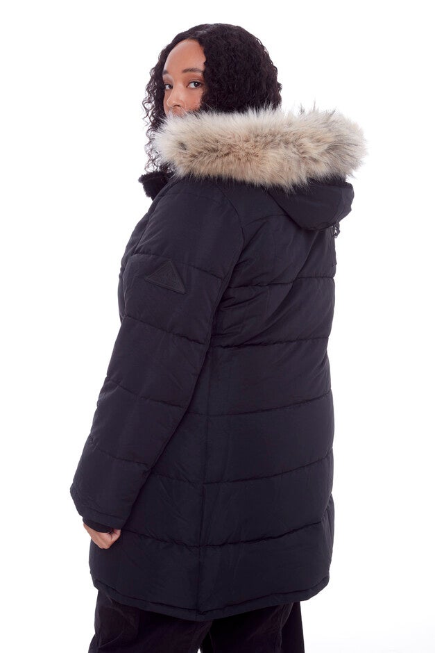 Women's Plus Size - AULAVIK | Vegan Down Recycled Mid-Length Hooded Parka Coat, Black / Black, alternate image number null