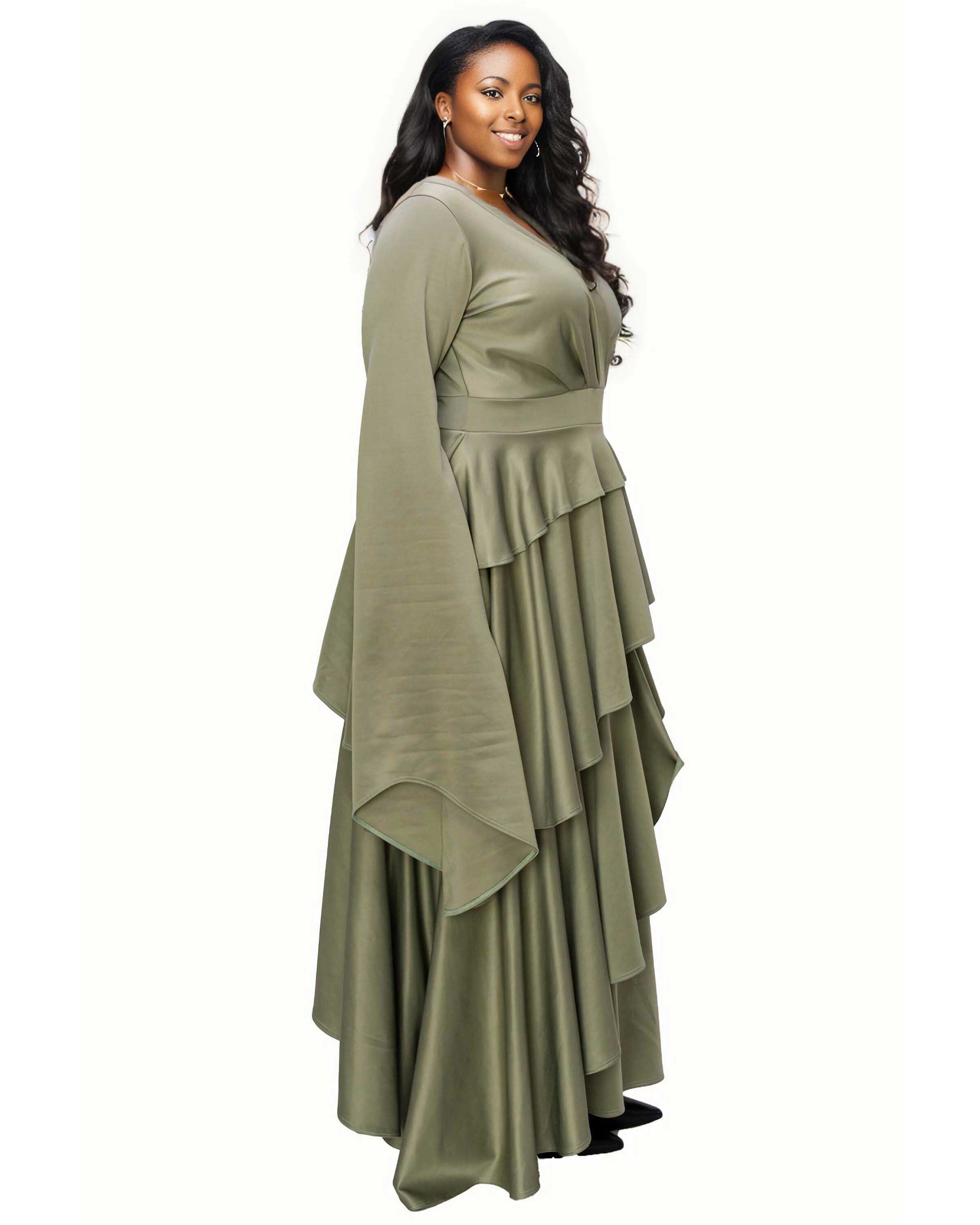 ZETA RUFFLED DRAMA DRESS, Dk Sage / Olive Green, alternate image number 1