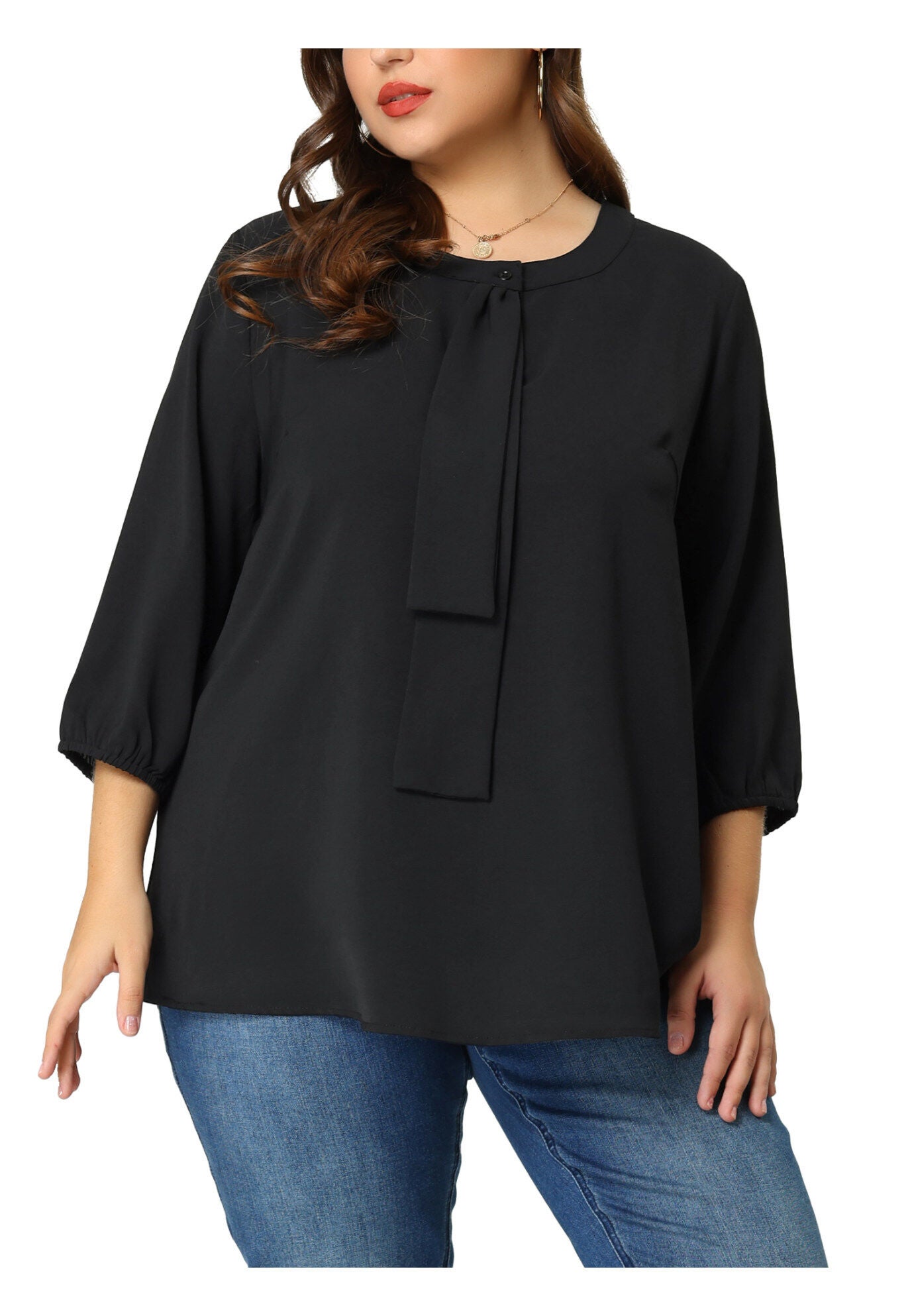 3/4 Sleeve Work Office Tie Front Ruffle Chiffon Blouse Top, Black / Black, alternate image number 1