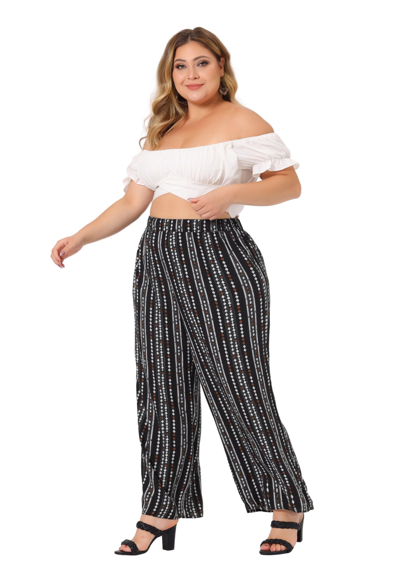 STRIPE BOHO WIDE LEG PAPER BAG PALAZZO PANTS, Black White / Black, hi-res image number 0