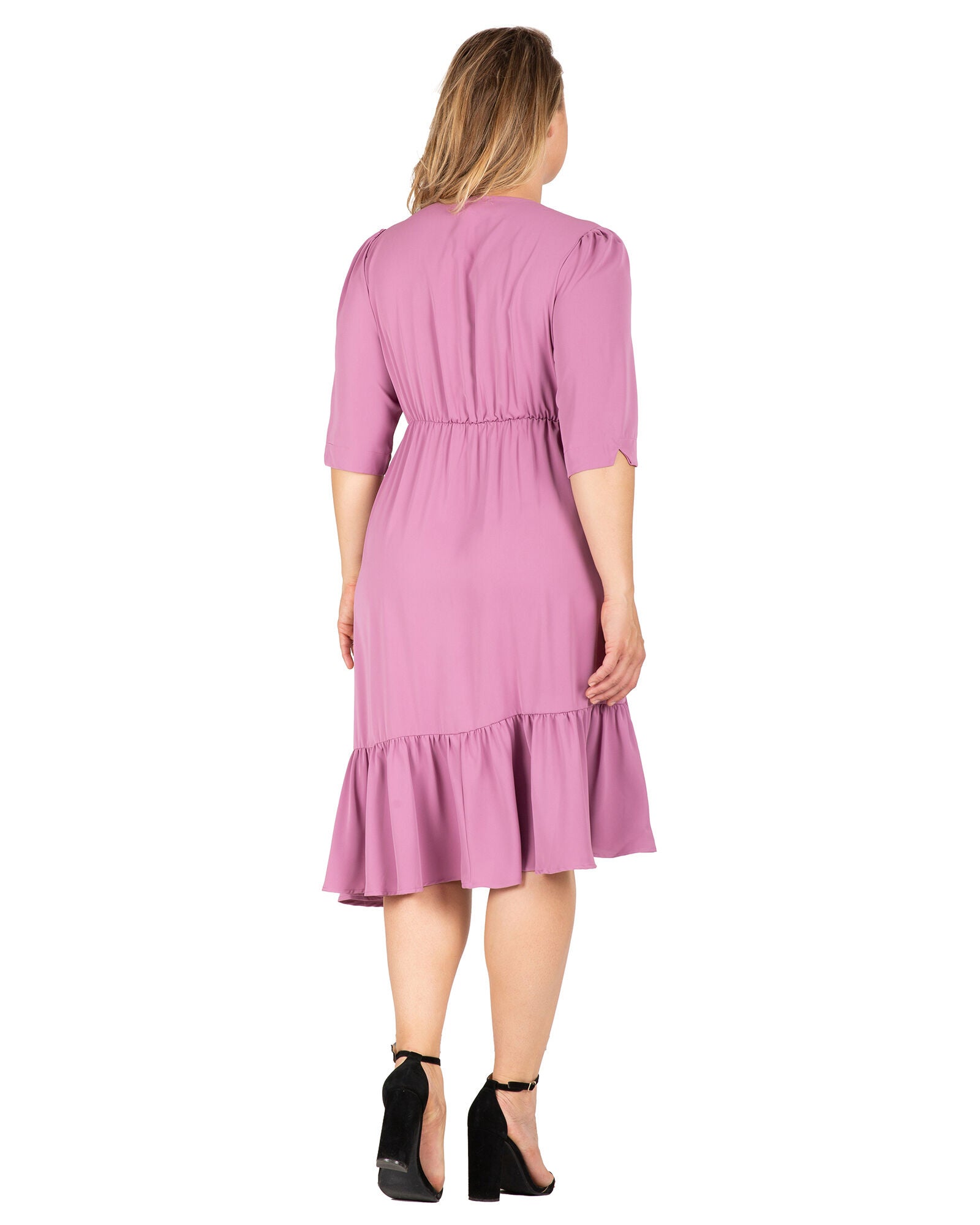 Kelsie Women&#39;s Ruched sleeve V Neck Ruffle Hem Midi Dress, Deep Mauve / Mauve, alternate image number 3