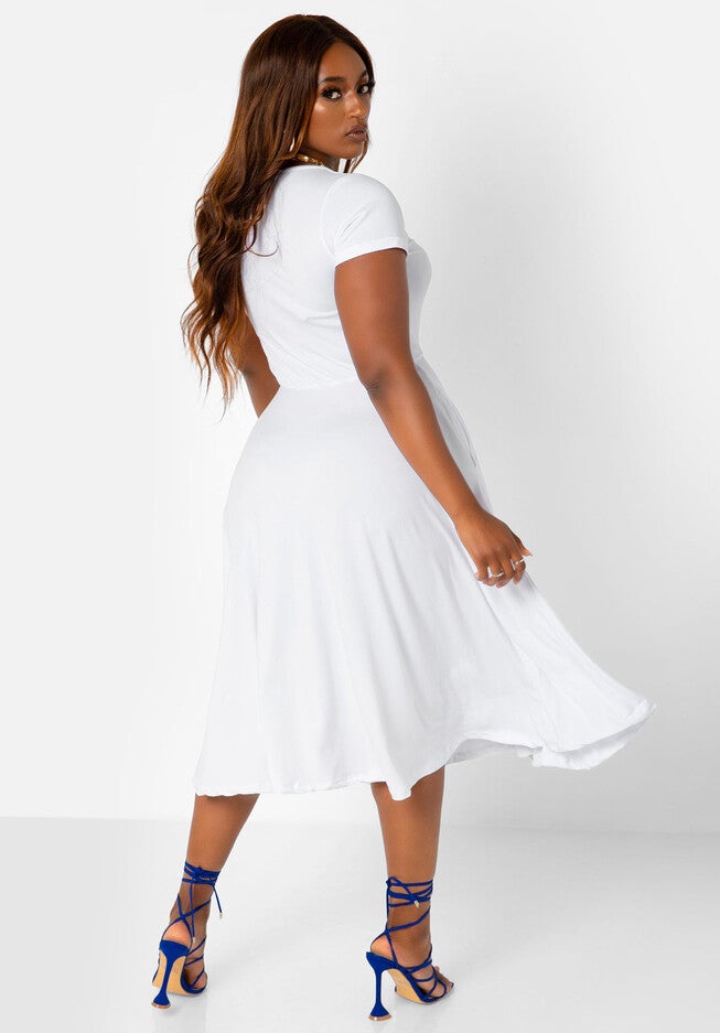 Essential V-Neck Skater Midi Dress, White / White, alternate image number 2