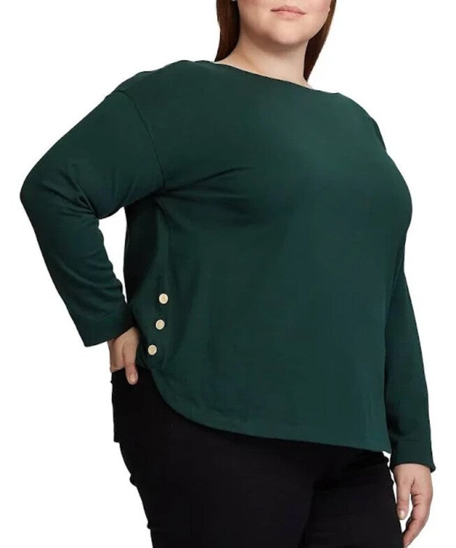Ralph Lauren Women's Plus Button Trim Boatneck Shirt Green Size XL, Green / Forest Green, hi-res image number 0