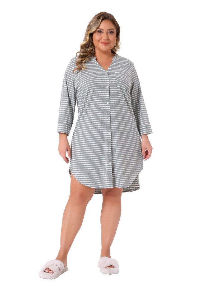 Button Down Dress V Neck 3/4 Sleeve Nightgown, Gray / Cool Gray, hi-res image number 0
