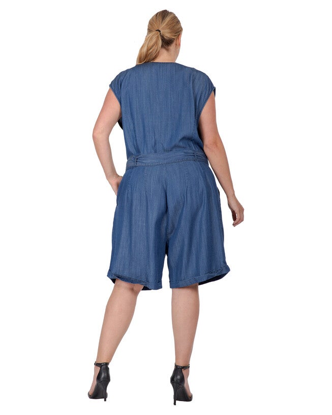 Eleanor Women's Plus Size Cap Sleeve V-neck Front Tie Tencel Denim Romper, , alternate image number 6
