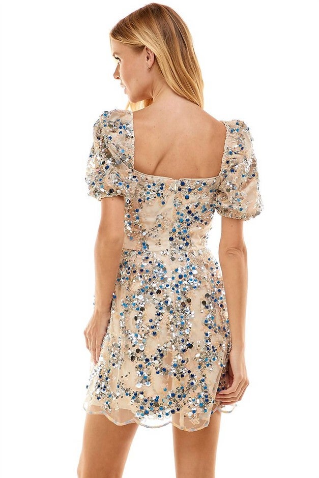 SEQUIN SWEETHEART DRESS IN SILVER, BLUE, AND NUDE SEQUINS, , alternate image number null