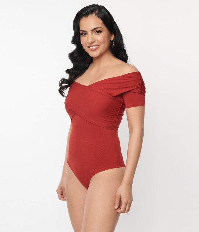 Unique Vintage Burnt Orange Off Shoulder Daydreamer Bodysuit, Orange / Burnt Orange, alternate image number 4