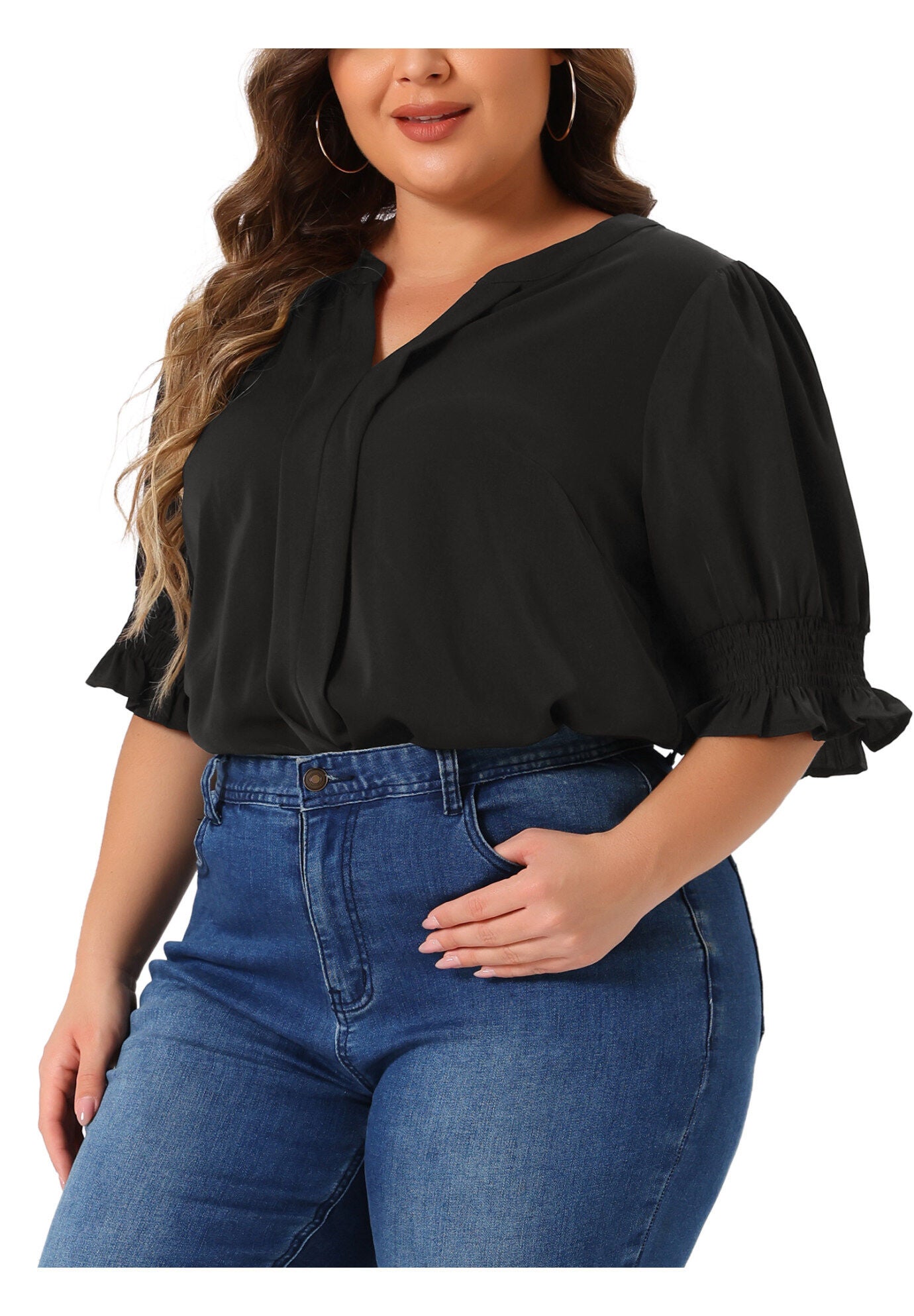 Notched V Neck Puff Short Sleeve Blouse Top, Black / Black, alternate image number 1
