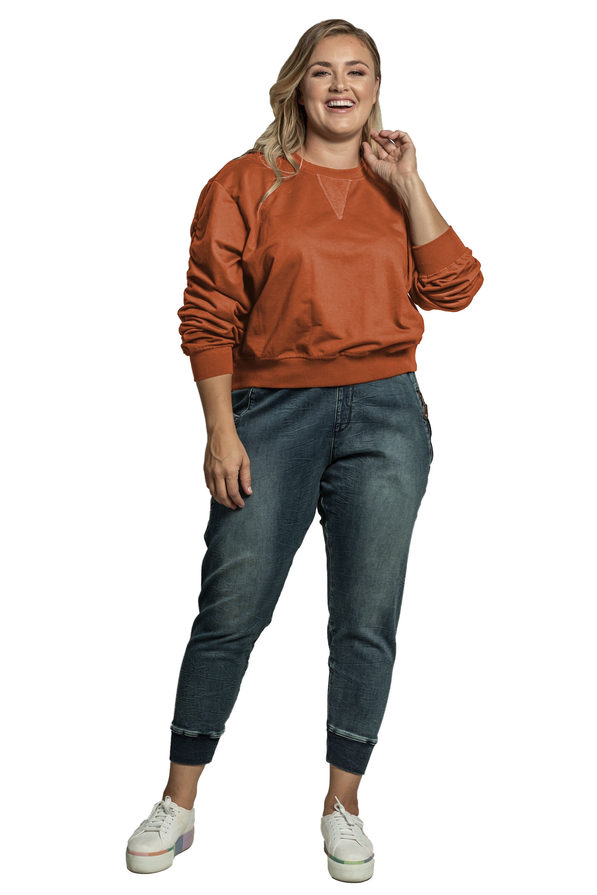 Standards & Practices Women&#39;s Long Sleeve French Terry Ruched Pullover, PAPRIKA / Brown, alternate image number 3