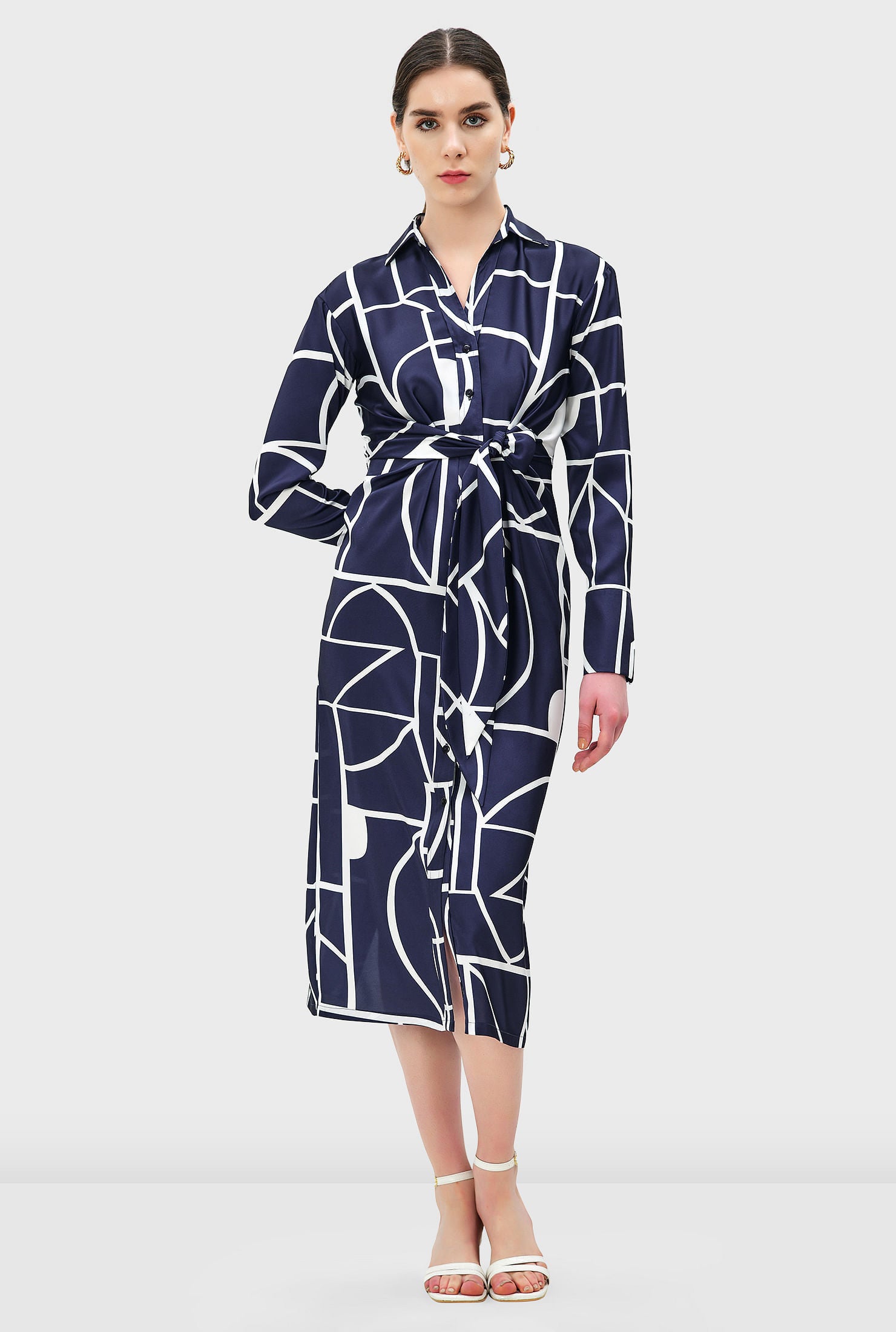 Graphic Print Satin Vented Shirtdress, , alternate image number 9