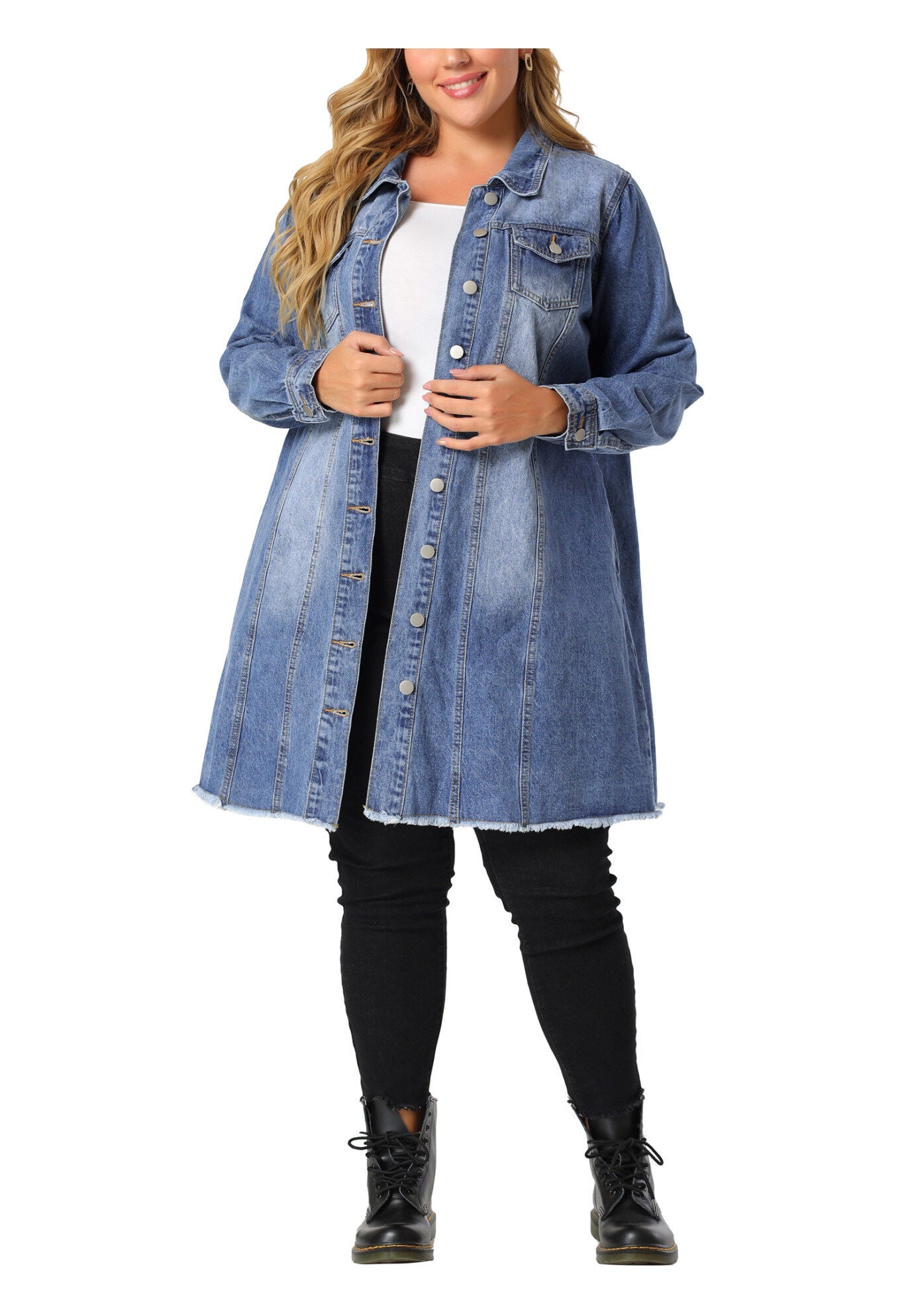 DISTRESSED BUTTON UP POCKET LONG DENIM JACKET, Blue / Royal Blue, alternate image number 1