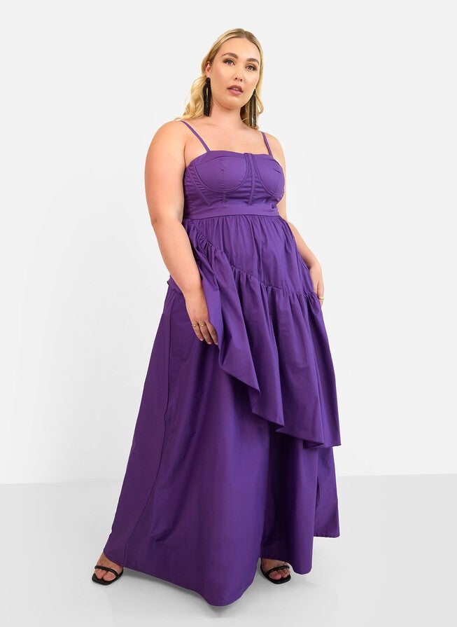 VIOLETTE POPLIN CORSET RUFFLE MAXI A LINE DRESS - PLUM, Purple / Purple, alternate image number 1