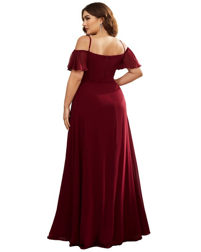 Stylish Cold Shoulder Flare Sleeves Flowy Bridesmaid Dress, Burgundy / Burgundy, alternate image number 1