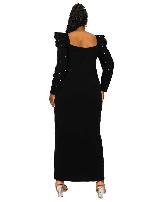 EVANGELINE RHINESTONE SLEEVE DRESS, Black / Black, alternate image number 3