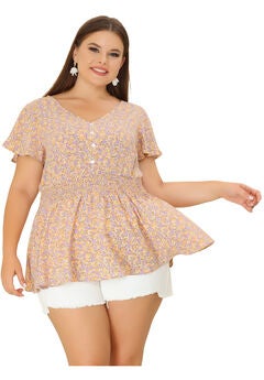 Button V Neck Smocked Waist Flare Short Sleeve Peplum Floral Blouse