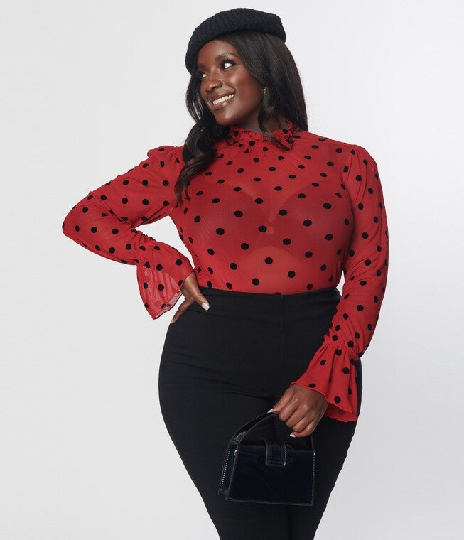 Unique Vintage Burgundy & Black Polka Dot Donna Blouse, Burgundy Polka Dot / Burgundy, hi-res image number 0