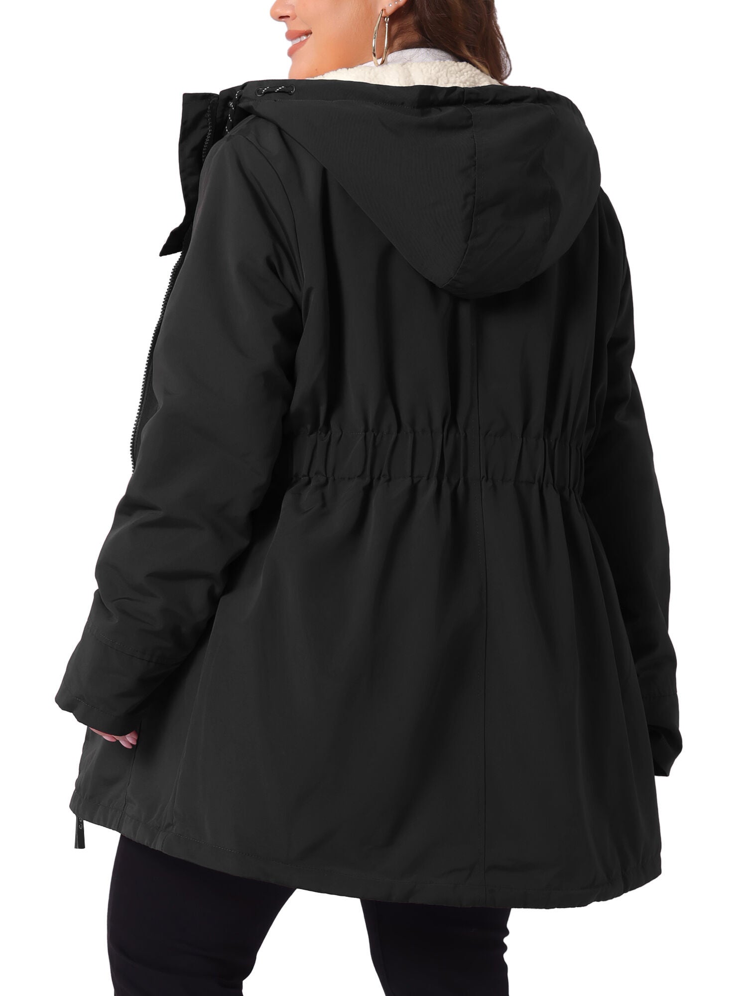 Faux Lamb Fur Leather Button Down Hoodie Parka Coat, Black / Black, alternate image number 3