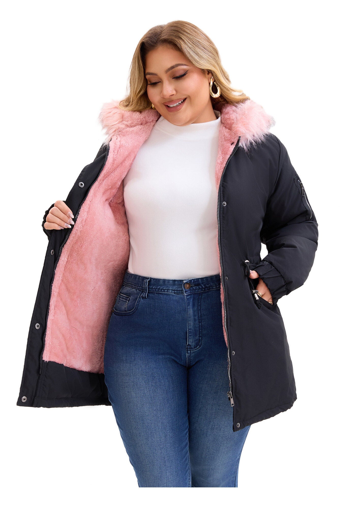 Drawstring Waist Fleece Winter Coat with Pockets, Black Pink / Black, alternate image number 1