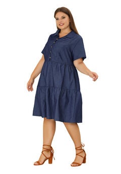 Short Sleeve Button Down Flowy Tiered Shirt Chambray Dress