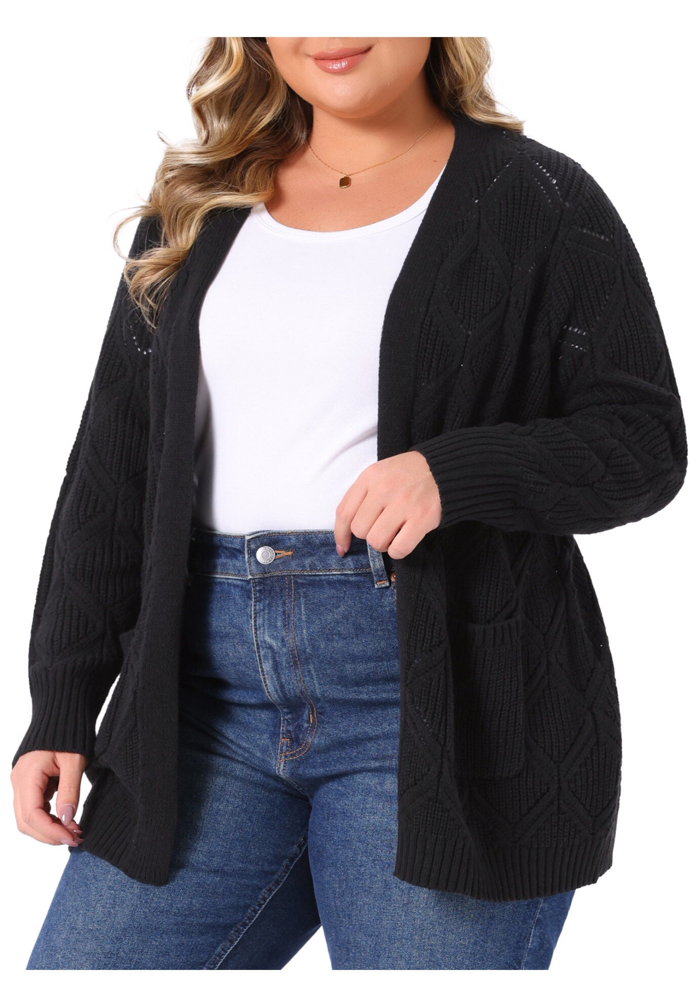 Fall Winter Long Sleeve with Pockets Knit Cardigans, Black / Black, alternate image number 1