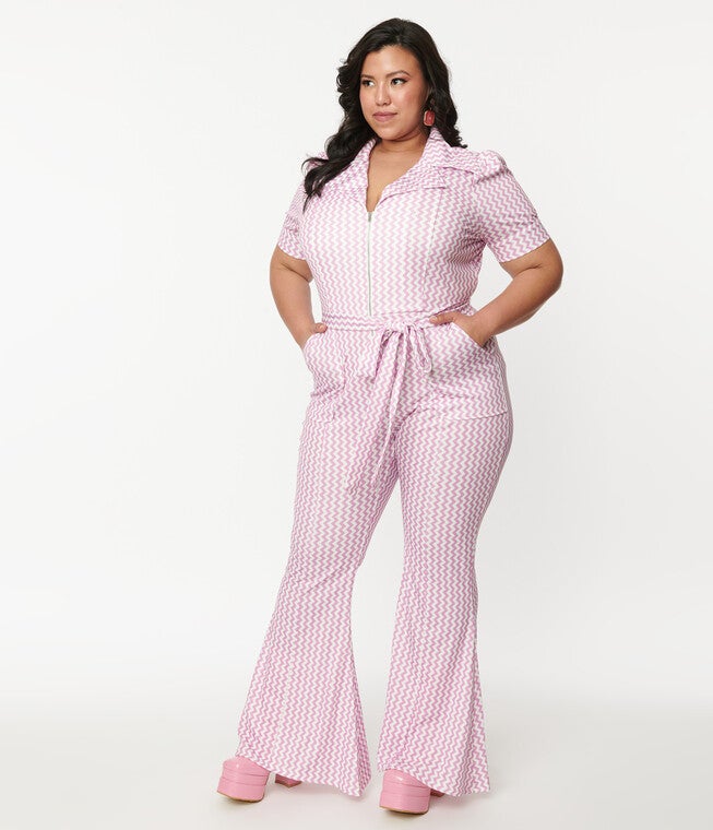 Unique Vintage Lavender & White Zig Zag Wide Leg Jumpsuit, , alternate image number 6