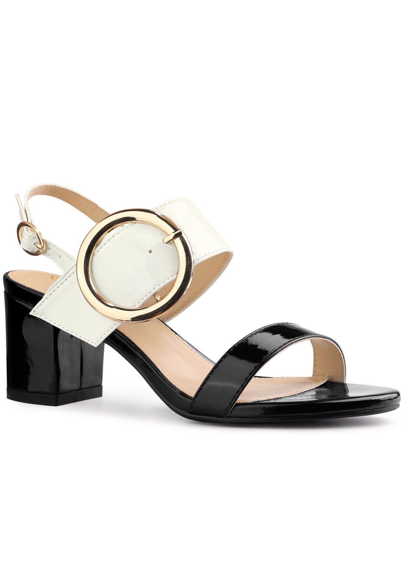 Slingback Buckle Two Straps Chunky Heel Sandals, Black / Black, hi-res image number 0