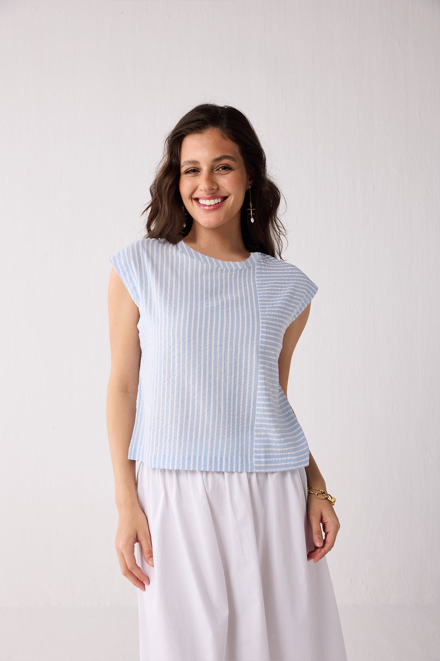 Button-Back Crew Neck Top in Blue Stripes, Cloudline / Light Blue, alternate image number 5