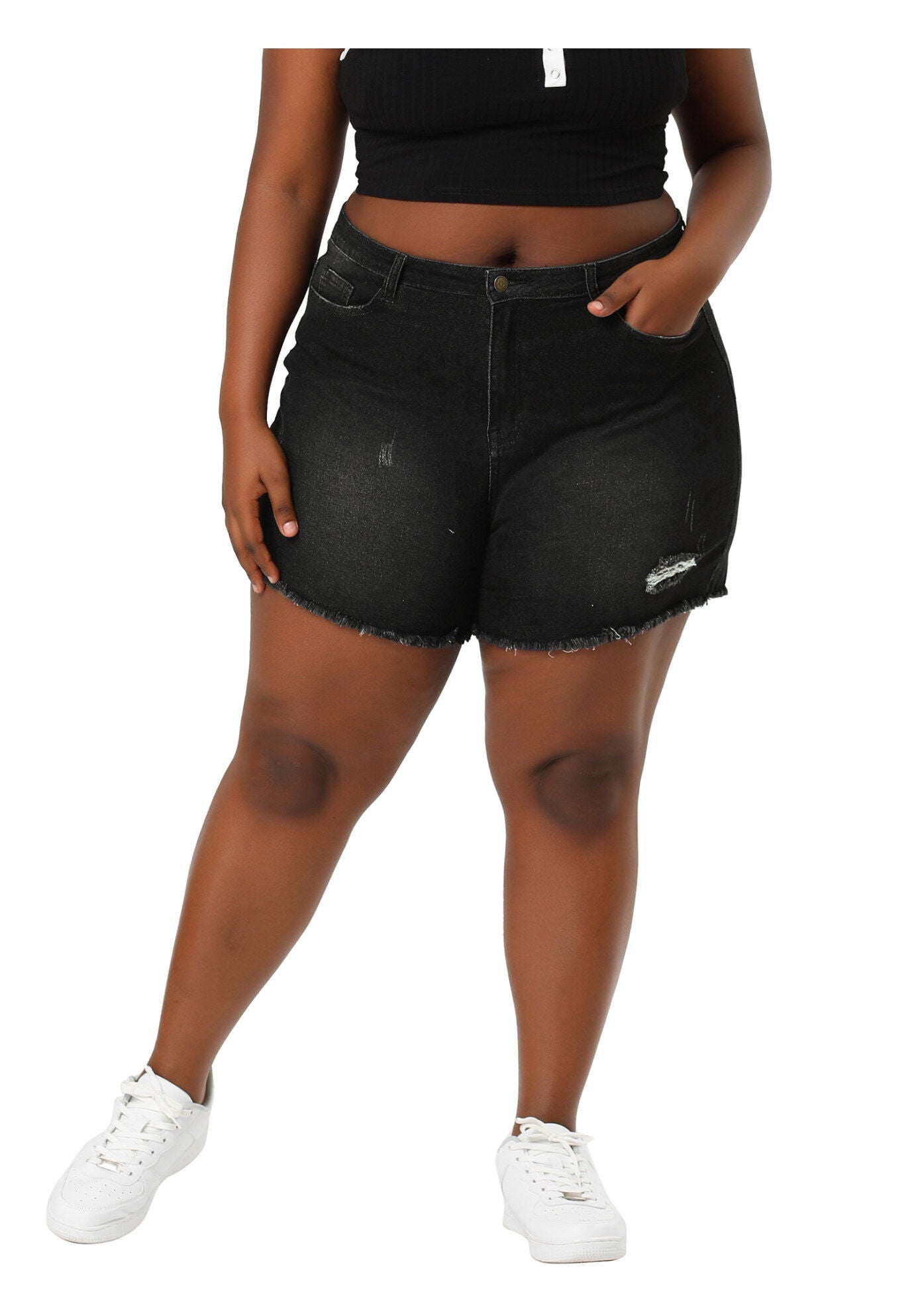 HIGH WAISTED RIPPED STRETCHY DENIM JEAN SHORTS, Black / Black, alternate image number 1