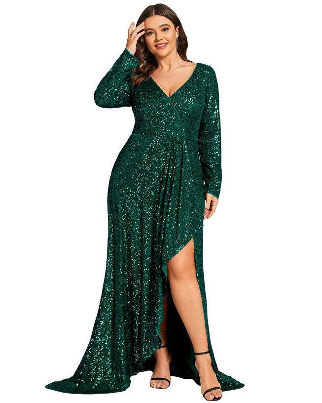 Sequin Long Sleeve V-neck Asymmetrical Hem Evening Dress, Dark Green / Forest Green, hi-res image number null