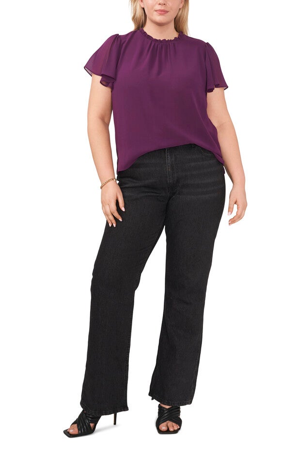 S/S SHIRRED CREWNECK TOP, PLUM PURPLE / Purple, alternate image number 3