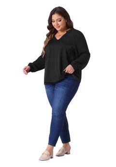 Sheer Long Sleeve Ruffle Notched V Neck Blouse