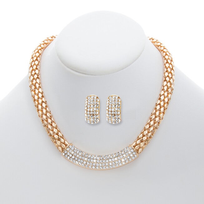 Round Crystal Goldtone Earring and Snake-Link Choker Necklace Set 17 inches-20 inches, White / White, alternate image number 3