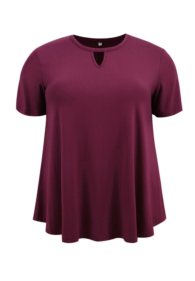 Knit Keyhole V Neck Short Sleeve Swing Tunic Blouse, Burgundy / Burgundy, alternate image number 3