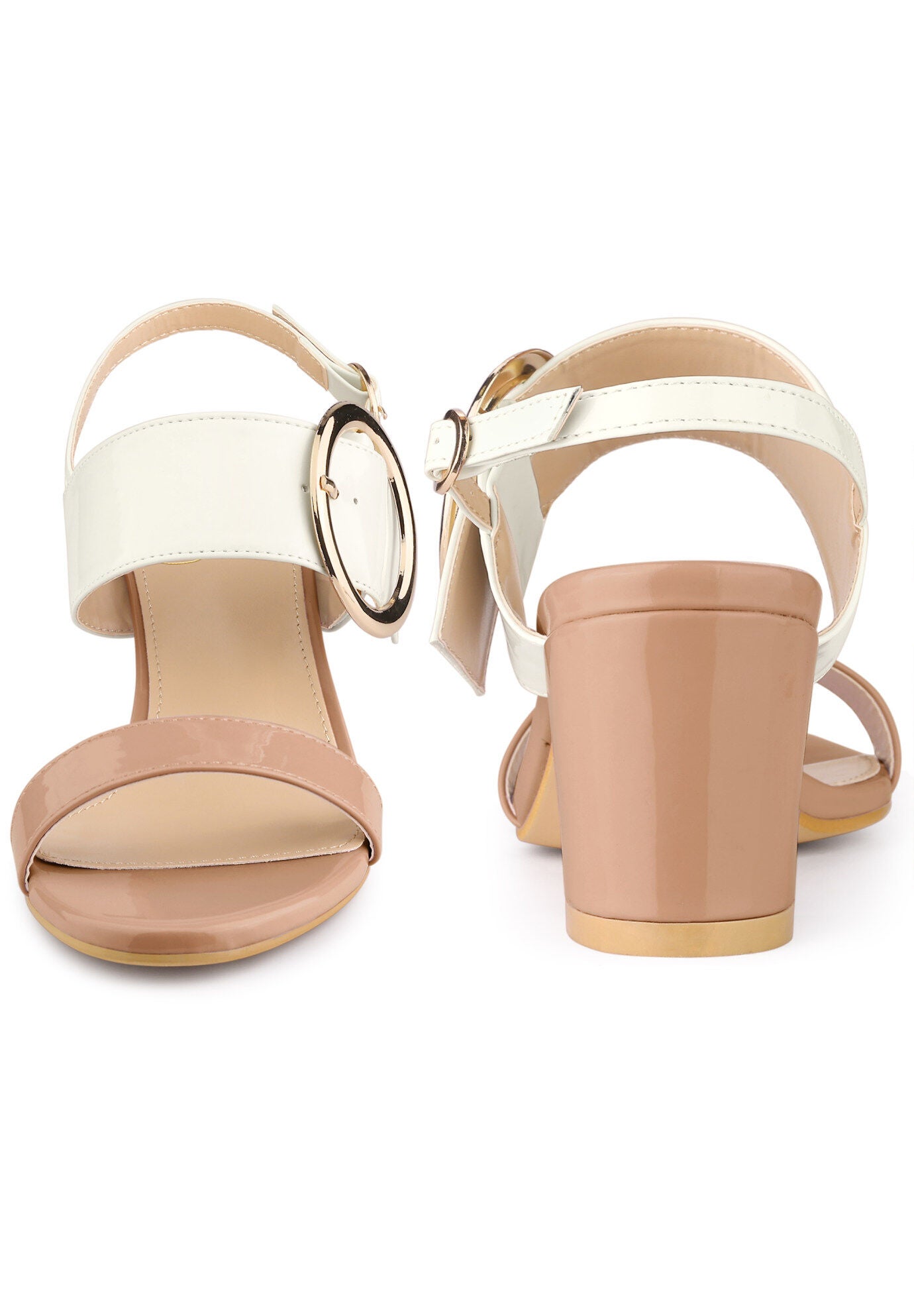 Slingback Buckle Two Straps Chunky Heel Sandals, Nude / Beige, alternate image number 1