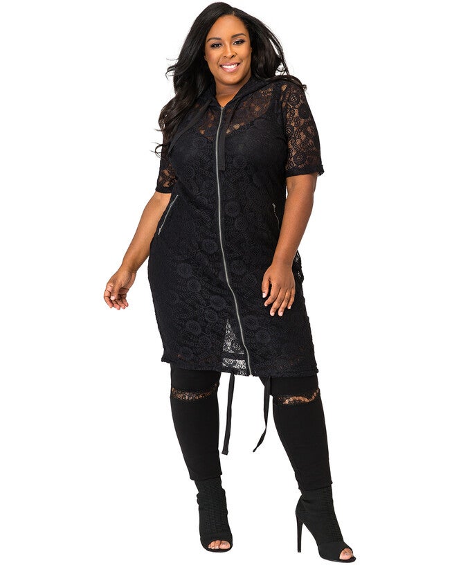 Plus Size Kenny Sheer Lace Zip Up Short Sleeve Hoodie Jacket with Athletic Stripe, , alternate image number null