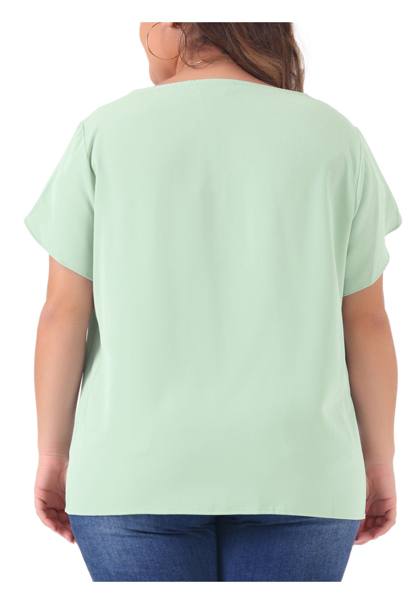 Round Neck Pleated Top Tulip Sleeves Blouse Top, Light Green / Light Green, alternate image number 3