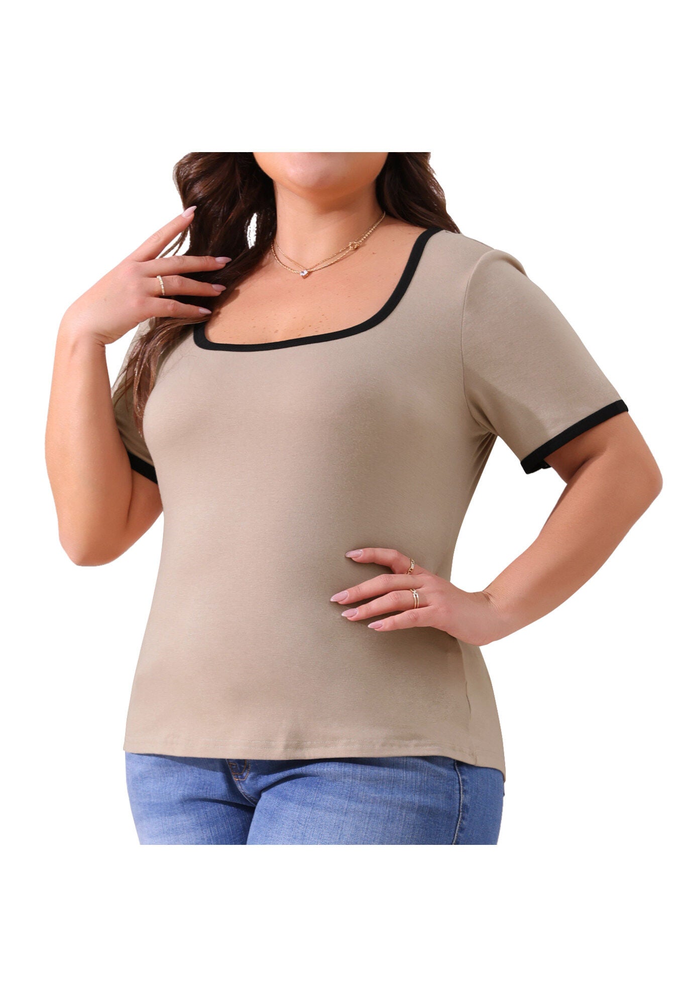 Square Neck Short Sleeve T-Shirt Ribbed Knit Color Block Slim Top, Light Camel / Beige, alternate image number 2